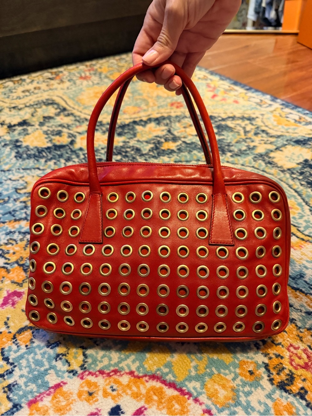 Prada Red Leather Top Handle Grommet Bag